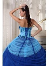 Blue Ball Gown Strapless Floor-length Tulle Beading Quinceanera Dress