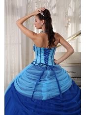 Blue Ball Gown Strapless Floor-length Tulle Beading Quinceanera Dress