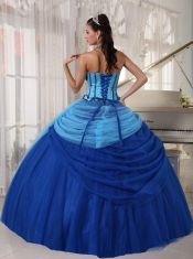 Blue Ball Gown Strapless Floor-length Tulle Beading Quinceanera Dress