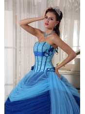 Blue Ball Gown Strapless Floor-length Tulle Beading Quinceanera Dress