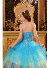 Blue Ball Gown Sweetheart Floor-length Beading Satin and Organza  Quinceanera Dress