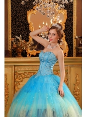 Blue Ball Gown Sweetheart Floor-length Beading Satin and Organza  Quinceanera Dress