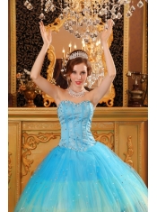 Blue Ball Gown Sweetheart Floor-length Beading Satin and Organza  Quinceanera Dress