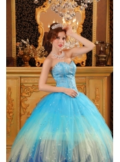 Blue Ball Gown Sweetheart Floor-length Beading Satin and Organza  Quinceanera Dress