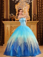 Blue Ball Gown Sweetheart Floor-length Beading Satin and Organza  Quinceanera Dress