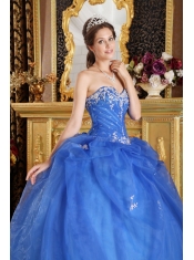 Blue Ball Gown Sweetheart Floor-length Organza Appliques Quinceanera Dress