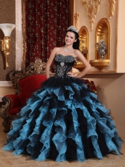 Blue Ball Gown Sweetheart Floor-length Organza Beading Quinceanera Dress