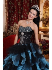 Blue Ball Gown Sweetheart Floor-length Organza Beading Quinceanera Dress