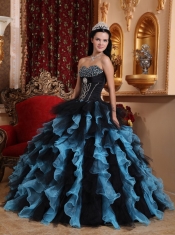 Blue Ball Gown Sweetheart Floor-length Organza Beading Quinceanera Dress