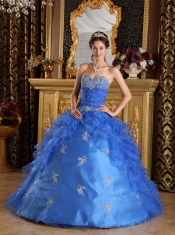 Blue Ball Gown Sweetheart Floor-length Ruffles Organza Quinceanera Dress