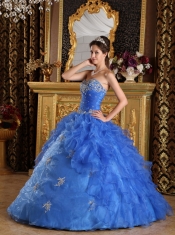 Blue Ball Gown Sweetheart Floor-length Ruffles Organza Quinceanera Dress