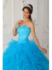 Blue Ball Gown Sweetheart Floor-length Satin and Organza Beading Quinceanera Dress