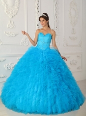 Blue Ball Gown Sweetheart Floor-length Satin and Organza Beading Quinceanera Dress