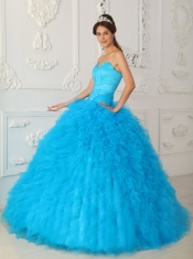 Blue Ball Gown Sweetheart Floor-length Satin and Organza Beading Quinceanera Dress