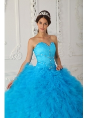 Blue Ball Gown Sweetheart Floor-length Satin and Organza Beading Quinceanera Dress
