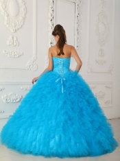 Blue Ball Gown Sweetheart Floor-length Satin and Organza Beading Quinceanera Dress