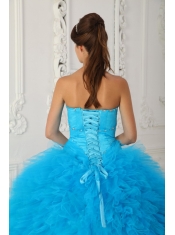 Blue Ball Gown Sweetheart Floor-length Satin and Organza Beading Quinceanera Dress