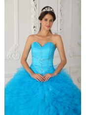 Blue Ball Gown Sweetheart Floor-length Satin and Organza Beading Quinceanera Dress