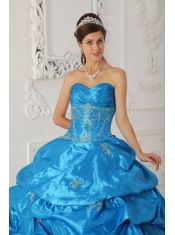 Blue Ball Gown Sweetheart Floor-length Taffeta Appliques Quinceanera Dress