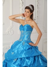 Blue Ball Gown Sweetheart Floor-length Taffeta Appliques Quinceanera Dress