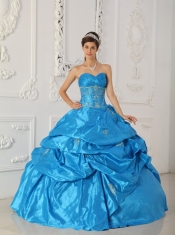 Blue Ball Gown Sweetheart Floor-length Taffeta Appliques Quinceanera Dress