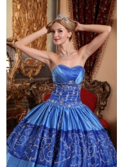 Blue Ball Gown Sweetheart Floor-length Taffeta Embroidery Quinceanera Dress