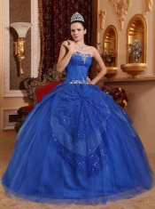 Blue Ball Gown Sweetheart Floor-length Tulle Beading and Appliques Quinceanera Dress