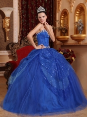 Blue Ball Gown Sweetheart Floor-length Tulle Beading and Appliques Quinceanera Dress