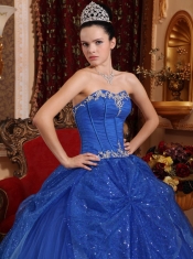 Blue Ball Gown Sweetheart Floor-length Tulle Beading and Appliques Quinceanera Dress