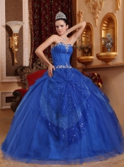 Blue Ball Gown Sweetheart Floor-length Tulle Beading and Appliques Quinceanera Dress