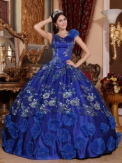 Blue Ball Gown V-neck Floor-length Satin Beading and Appliques Quinceanera Dress
