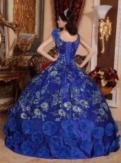 Blue Ball Gown V-neck Floor-length Satin Beading and Appliques Quinceanera Dress