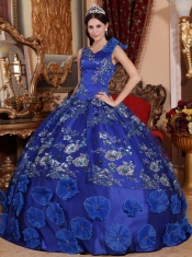 Blue Ball Gown V-neck Floor-length Satin Beading and Appliques Quinceanera Dress