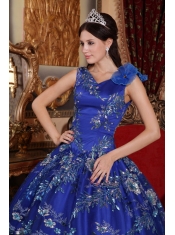 Blue Ball Gown V-neck Floor-length Satin Beading and Appliques Quinceanera Dress