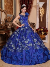 Blue Ball Gown V-neck Floor-length Satin Beading and Appliques Quinceanera Dress