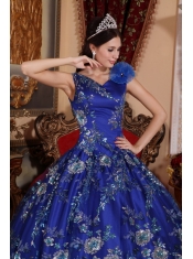 Blue Ball Gown V-neck Floor-length Satin Beading and Appliques Quinceanera Dress
