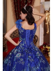 Blue Ball Gown V-neck Floor-length Satin Beading and Appliques Quinceanera Dress