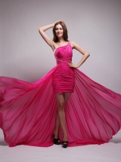 Brand New Asymmetrical One Shoulder Brush Train Chiffon Beading Hot Pink Prom / Evening Dress