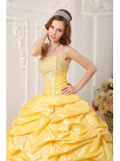 Yellow Ball Gown Strapless Court Train Taffeta Appliques and Beading Quinceanera Dress