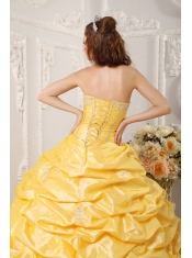 Yellow Ball Gown Strapless Court Train Taffeta Appliques and Beading Quinceanera Dress