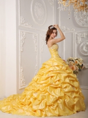 Yellow Ball Gown Strapless Court Train Taffeta Appliques and Beading Quinceanera Dress
