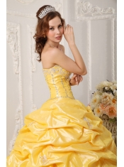 Yellow Ball Gown Strapless Court Train Taffeta Appliques and Beading Quinceanera Dress