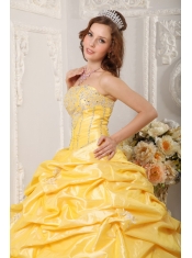 Yellow Ball Gown Strapless Court Train Taffeta Appliques and Beading Quinceanera Dress