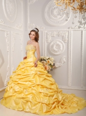 Yellow Ball Gown Strapless Court Train Taffeta Appliques and Beading Quinceanera Dress
