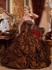 Brown A-line Strapless Floor-length Taffeta Beading Quinceanera Dress