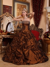 Brown A-line Strapless Floor-length Taffeta Beading Quinceanera Dress