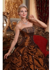 Brown A-line Strapless Floor-length Taffeta Beading Quinceanera Dress