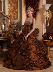Brown A-line Strapless Floor-length Taffeta Beading Quinceanera Dress