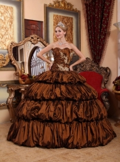 Brown Ball Gown Sweetheart Chapel Train Taffeta Appliques and Pick-ups Quinceanera Dress
