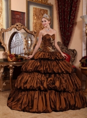 Brown Ball Gown Sweetheart Chapel Train Taffeta Appliques and Pick-ups Quinceanera Dress